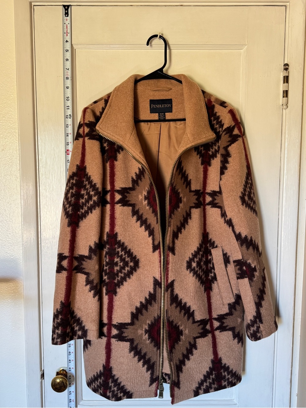 Pendleton Tan & Brown Aztec Zip-Front Wool Coat with Red Accents